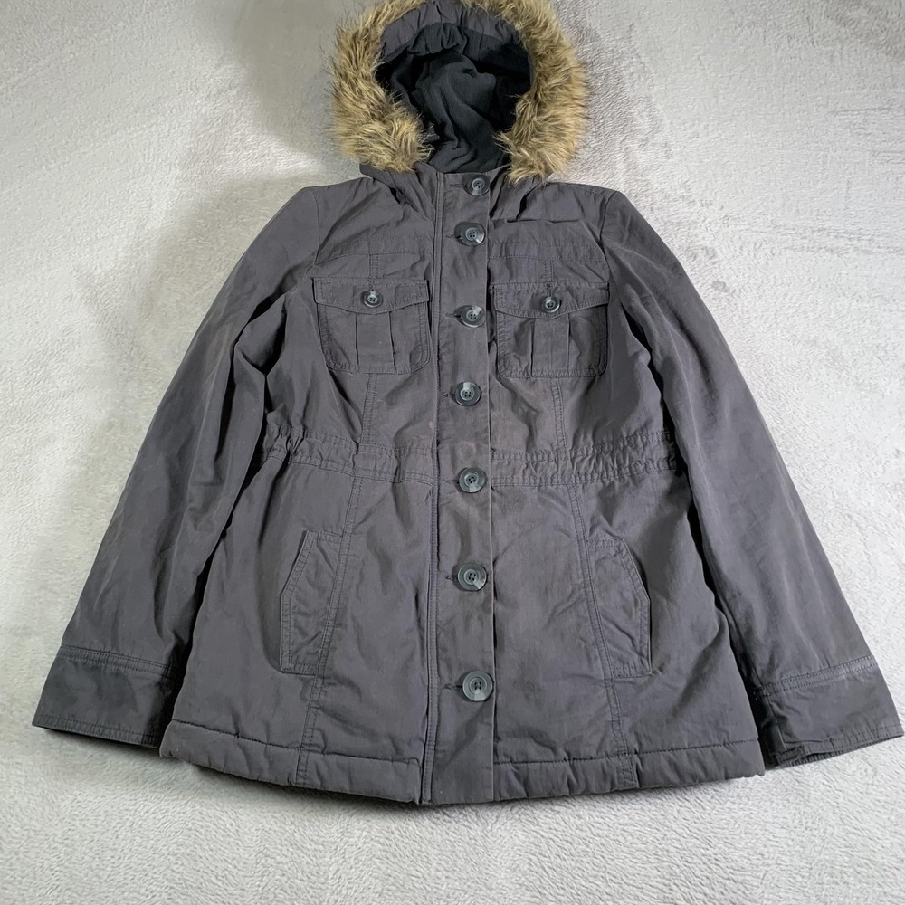 Old Navy Coat Womens XS Gray Faux Fur Hooded‎ Parka Zip Button Pockets Insulated